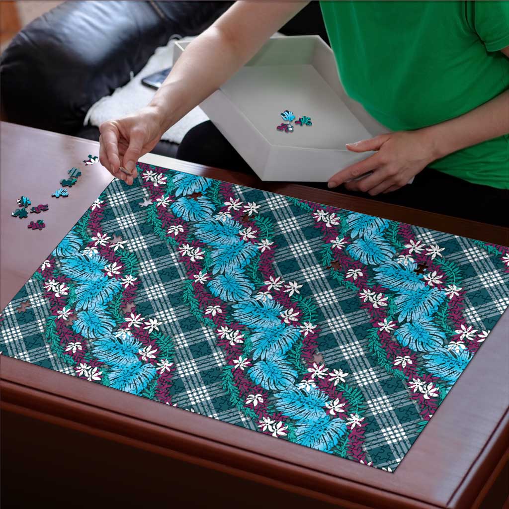 Polynesian Monstera Tiare Floral Puzzle Dark Teal Tropical Plaid LT01 - Polynesian Pride