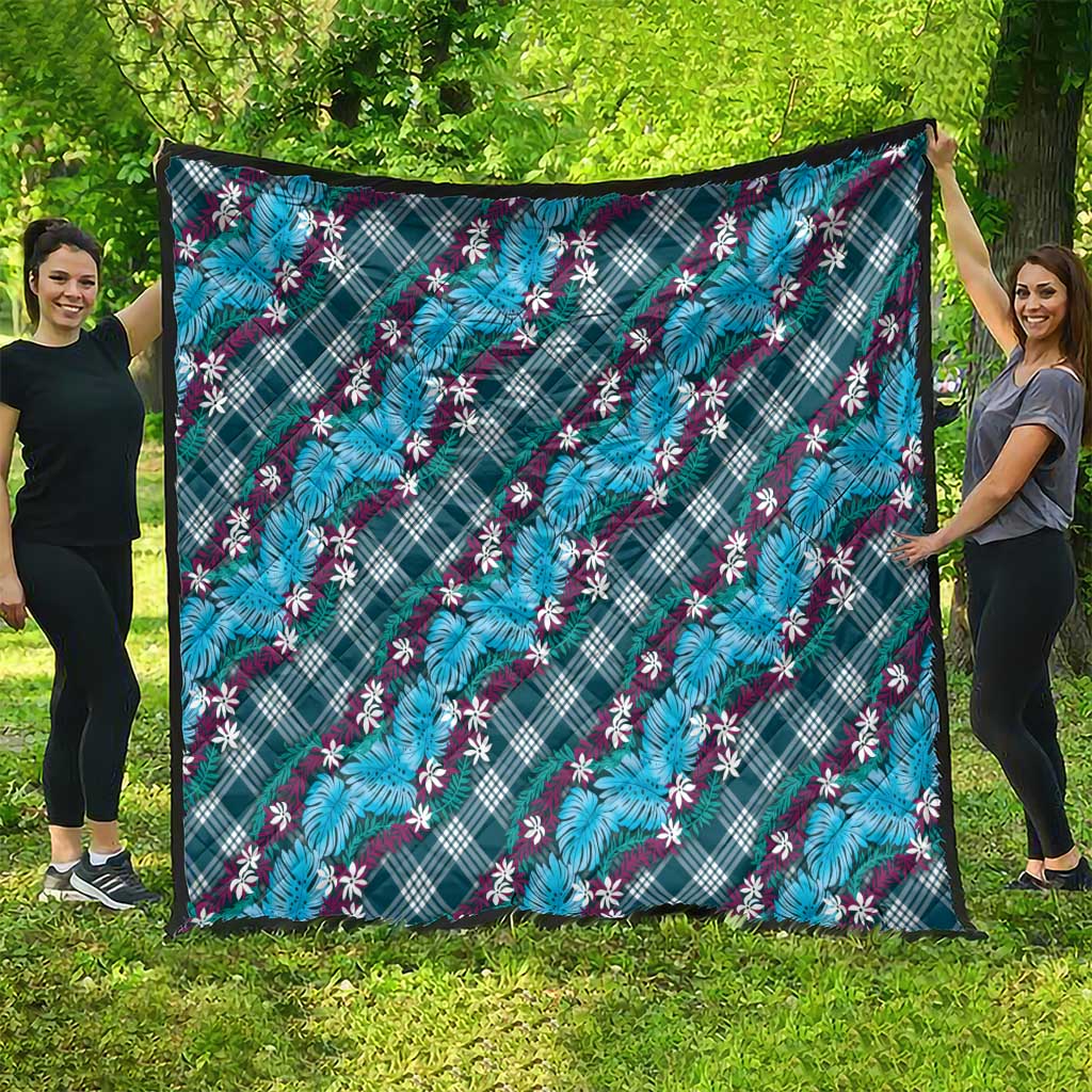 Polynesian Monstera Tiare Floral Quilt Dark Teal Tropical Plaid - Polynesian Pride