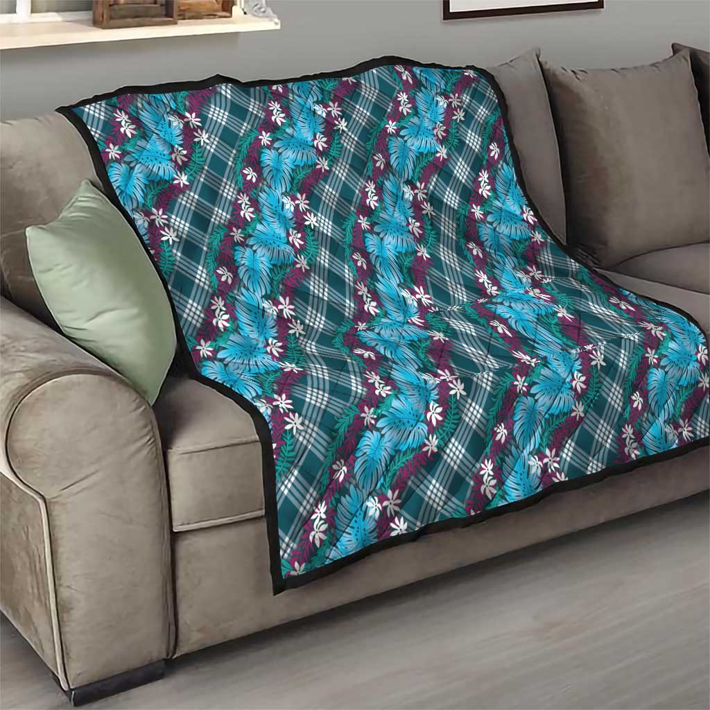 Polynesian Monstera Tiare Floral Quilt Dark Teal Tropical Plaid - Polynesian Pride
