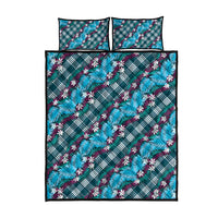 Polynesian Monstera Tiare Floral Quilt Bed Set Dark Teal Tropical Plaid - Polynesian Pride