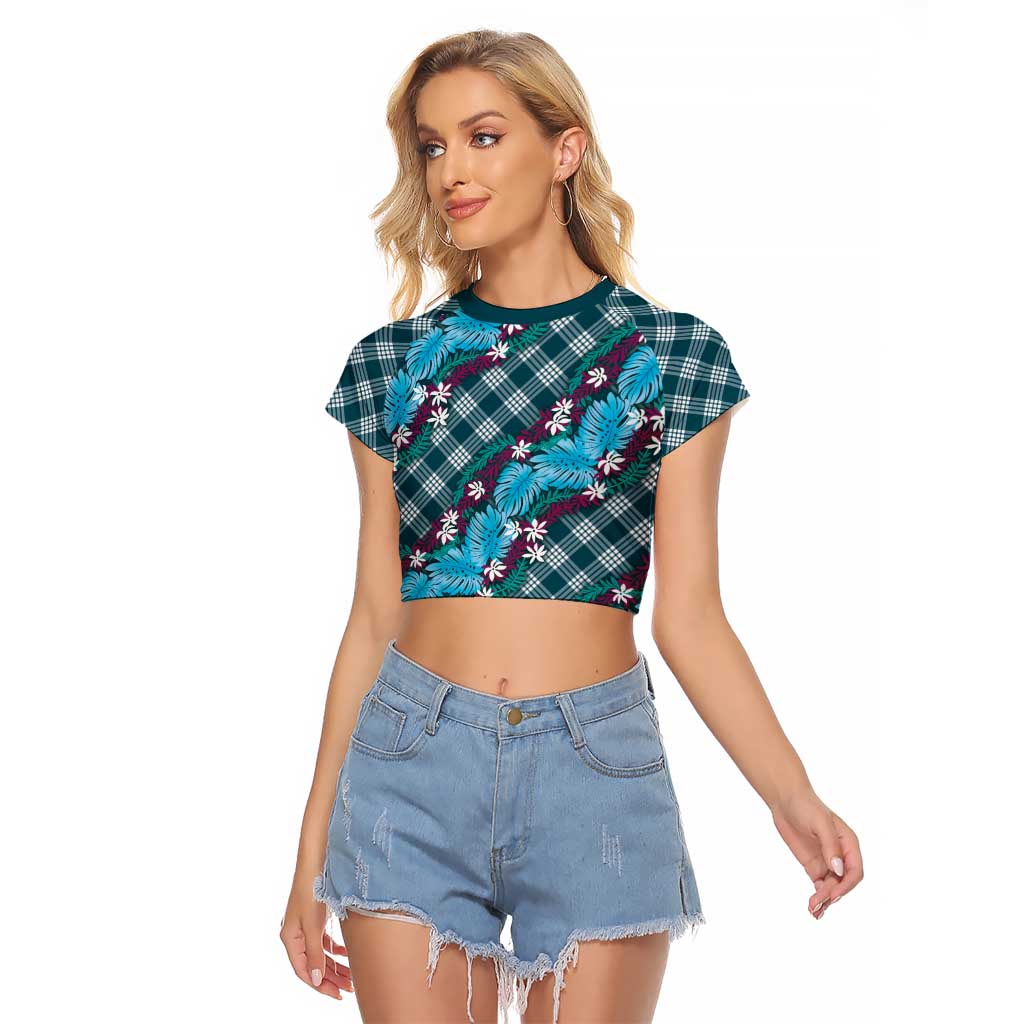 Polynesian Monstera Tiare Floral Raglan Cropped T Shirt Dark Teal Tropical Plaid LT01 Female Teal - Polynesian Pride
