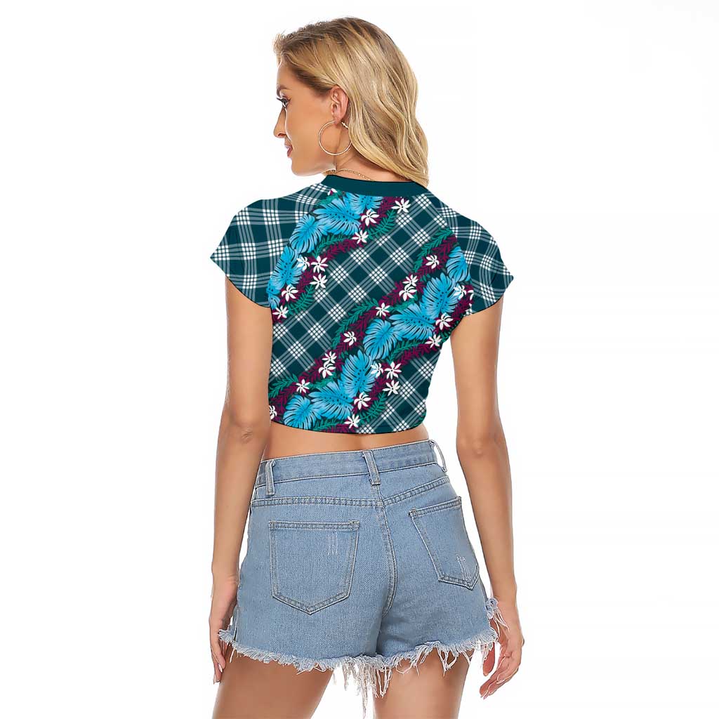 Polynesian Monstera Tiare Floral Raglan Cropped T Shirt Dark Teal Tropical Plaid LT01 - Polynesian Pride
