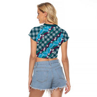 Polynesian Monstera Tiare Floral Raglan Cropped T Shirt Dark Teal Tropical Plaid LT01 - Polynesian Pride