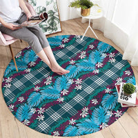 Polynesian Monstera Tiare Floral Round Carpet Dark Teal Tropical Plaid - Polynesian Pride
