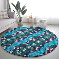 Polynesian Monstera Tiare Floral Round Carpet Dark Teal Tropical Plaid - Polynesian Pride