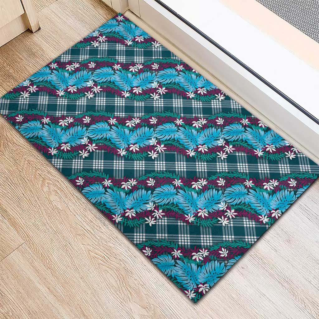 Polynesian Monstera Tiare Floral Rubber Doormat Dark Teal Tropical Plaid LT01 - Polynesian Pride