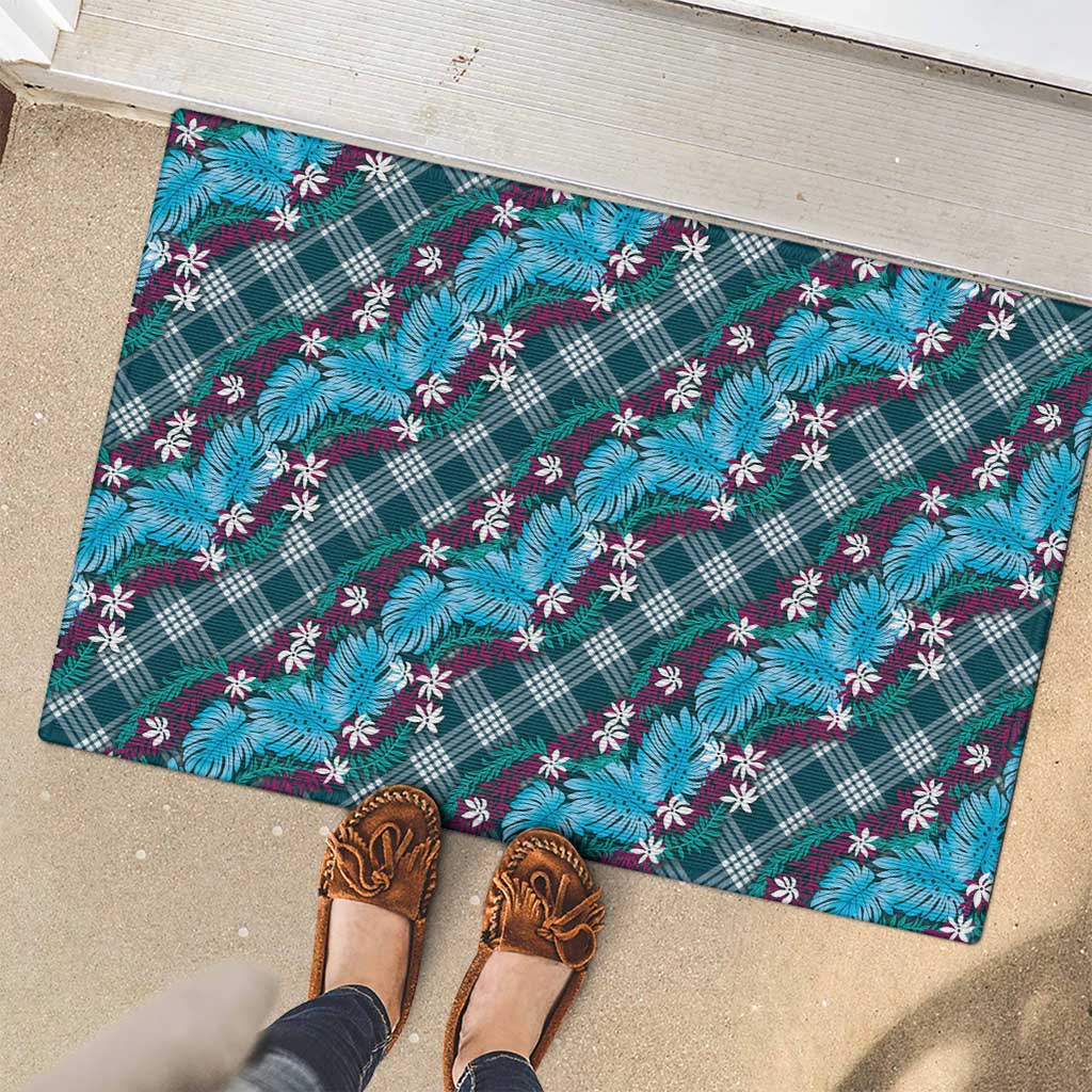 Polynesian Monstera Tiare Floral Rubber Doormat Dark Teal Tropical Plaid LT01 - Polynesian Pride