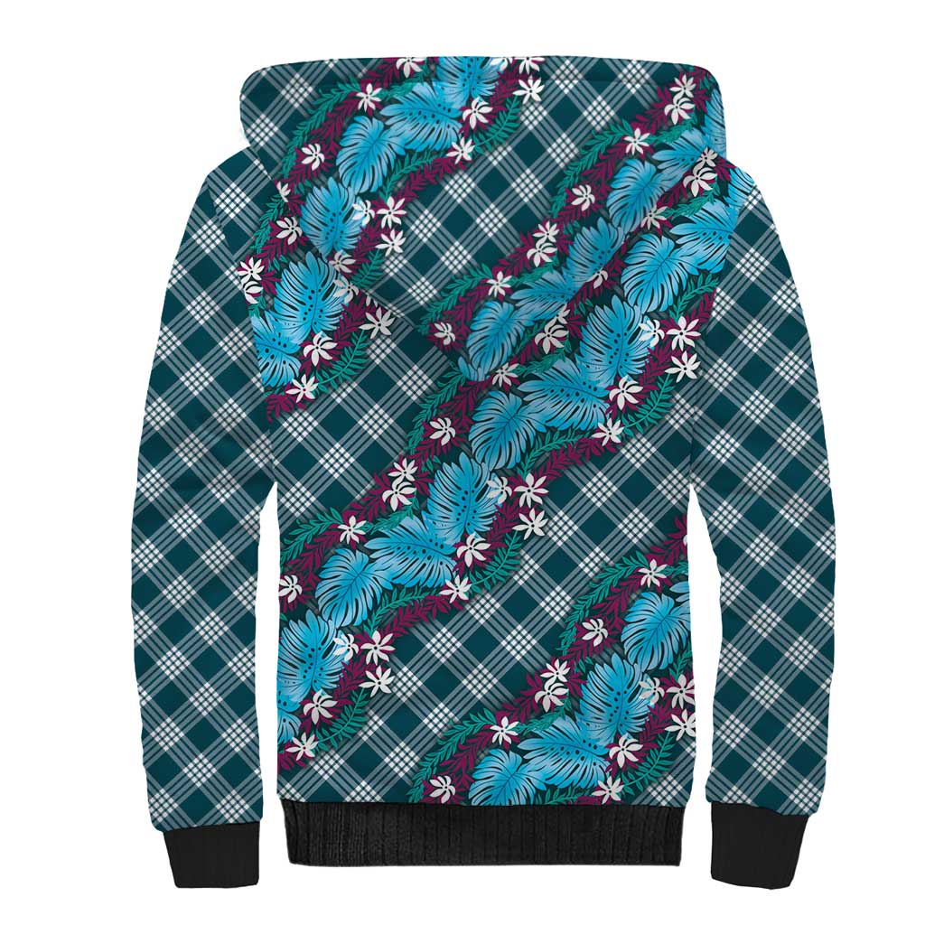 Polynesian Monstera Tiare Floral Sherpa Hoodie Dark Teal Tropical Plaid - Polynesian Pride