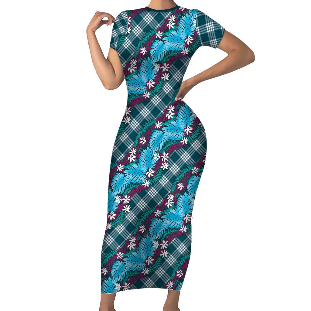 Polynesian Monstera Tiare Floral Short Sleeve Bodycon Dress Dark Teal Tropical Plaid LT01 Long Dress Teal - Polynesian Pride