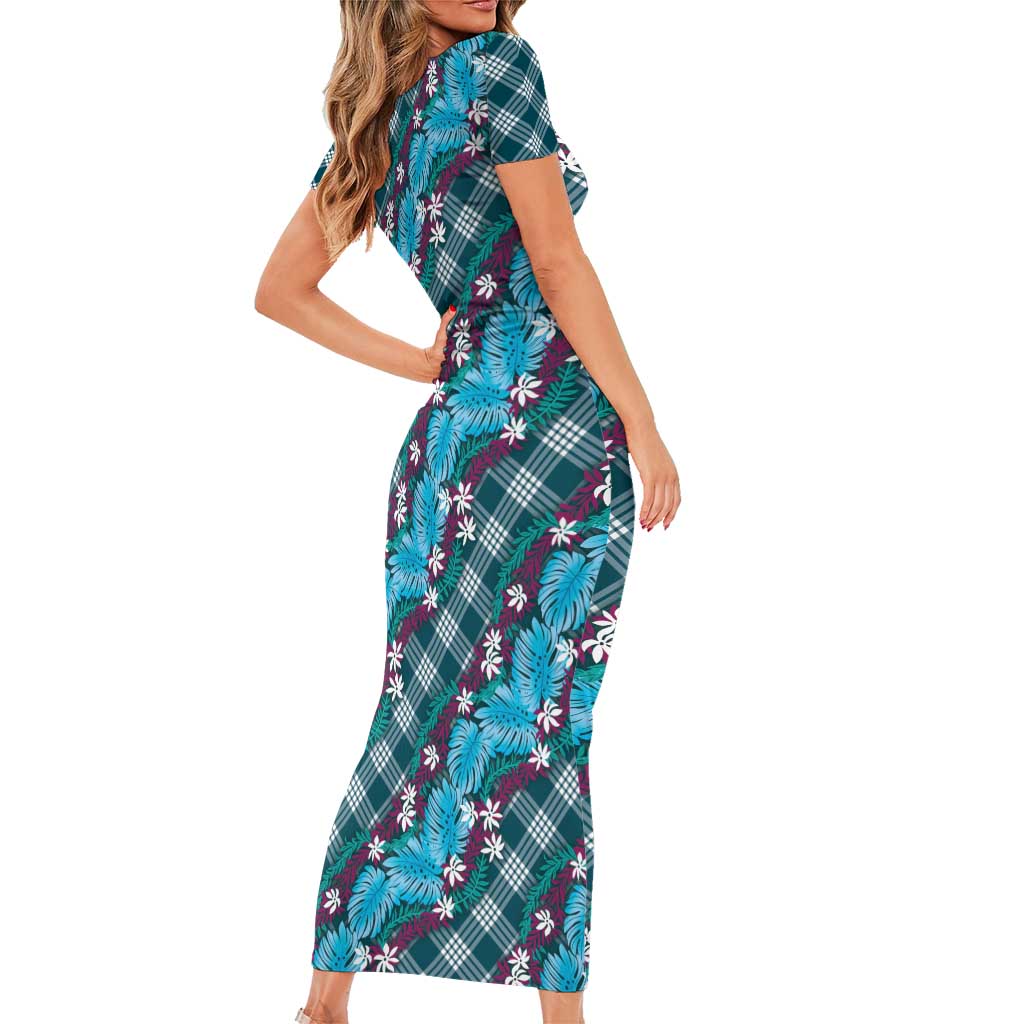Polynesian Monstera Tiare Floral Short Sleeve Bodycon Dress Dark Teal Tropical Plaid LT01 - Polynesian Pride