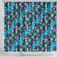 Polynesian Monstera Tiare Floral Shower Curtain Dark Teal Tropical Plaid - Polynesian Pride