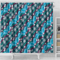 Polynesian Monstera Tiare Floral Shower Curtain Dark Teal Tropical Plaid - Polynesian Pride