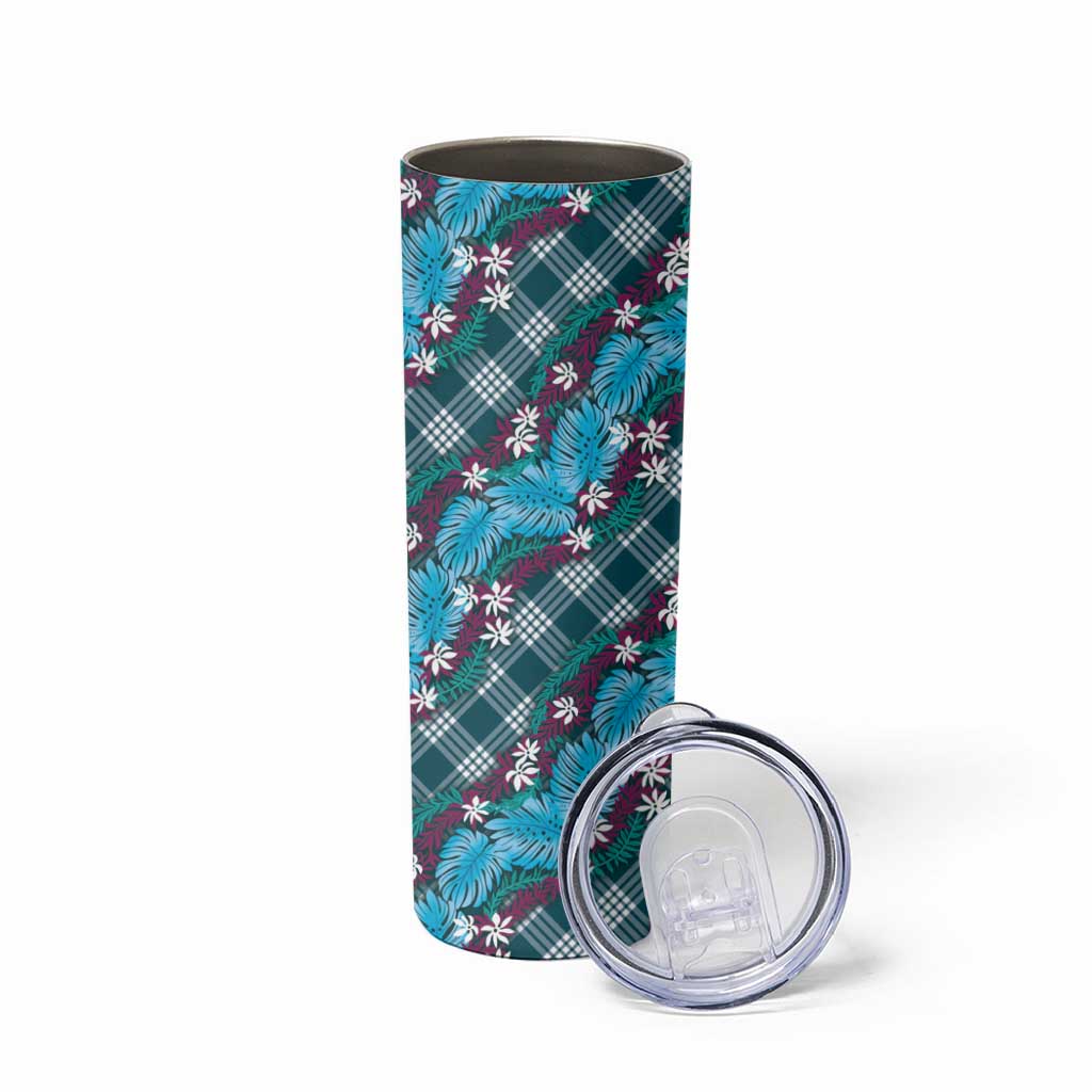 Polynesian Monstera Tiare Floral Skinny Tumbler Dark Teal Tropical Plaid LT01 - Polynesian Pride