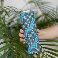 Polynesian Monstera Tiare Floral Skinny Tumbler Dark Teal Tropical Plaid LT01 - Polynesian Pride