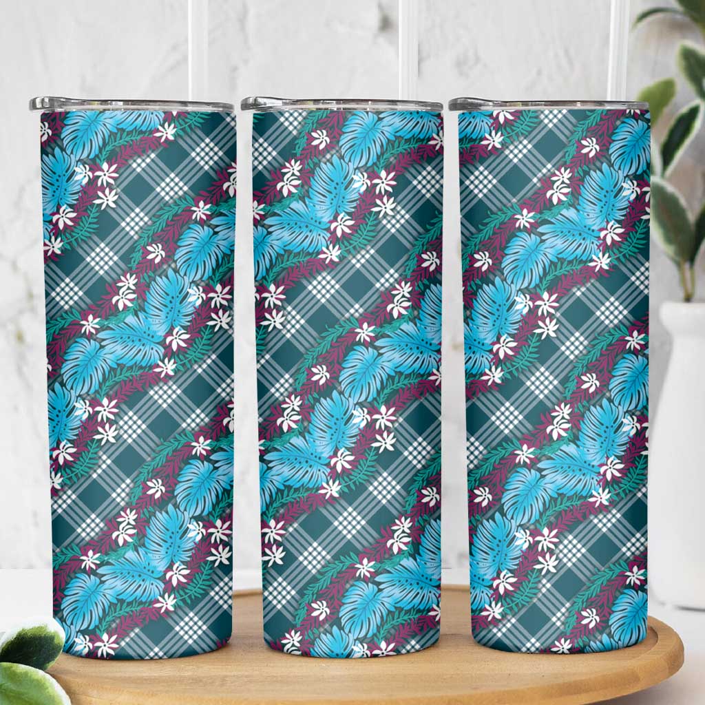 Polynesian Monstera Tiare Floral Skinny Tumbler Dark Teal Tropical Plaid LT01 - Polynesian Pride