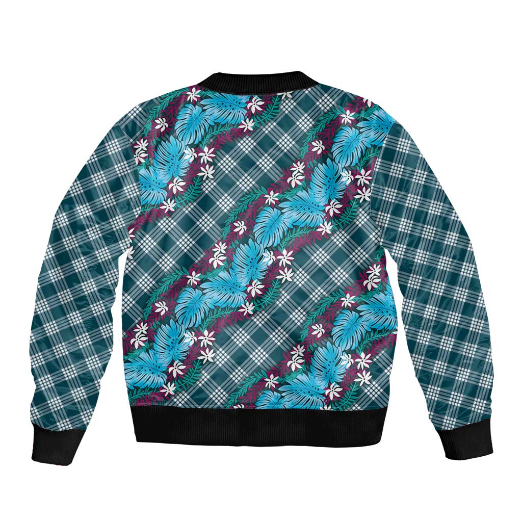 Polynesian Monstera Tiare Floral Sleeve Zip Bomber Jacket Dark Teal Tropical Plaid - Polynesian Pride