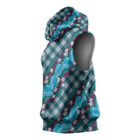 Polynesian Monstera Tiare Floral Sleeveless Hoodie Dark Teal Tropical Plaid LT01 - Polynesian Pride