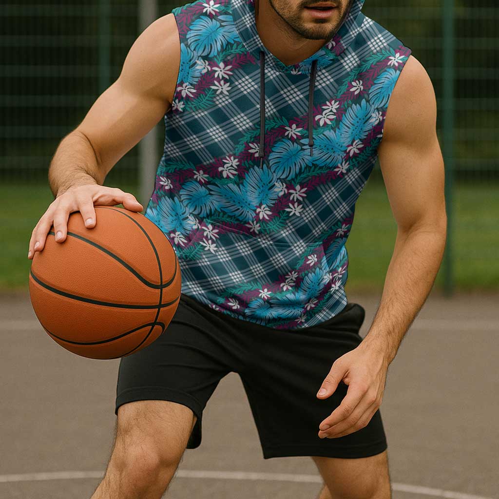 Polynesian Monstera Tiare Floral Sleeveless Hoodie Dark Teal Tropical Plaid LT01 - Polynesian Pride
