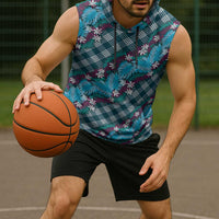Polynesian Monstera Tiare Floral Sleeveless Hoodie Dark Teal Tropical Plaid LT01 - Polynesian Pride