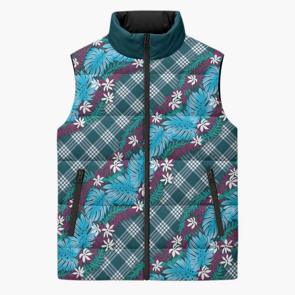 Polynesian Monstera Tiare Floral Sleeveless Puffer Jacket Dark Teal Tropical Plaid LT01 Unisex Teal - Polynesian Pride