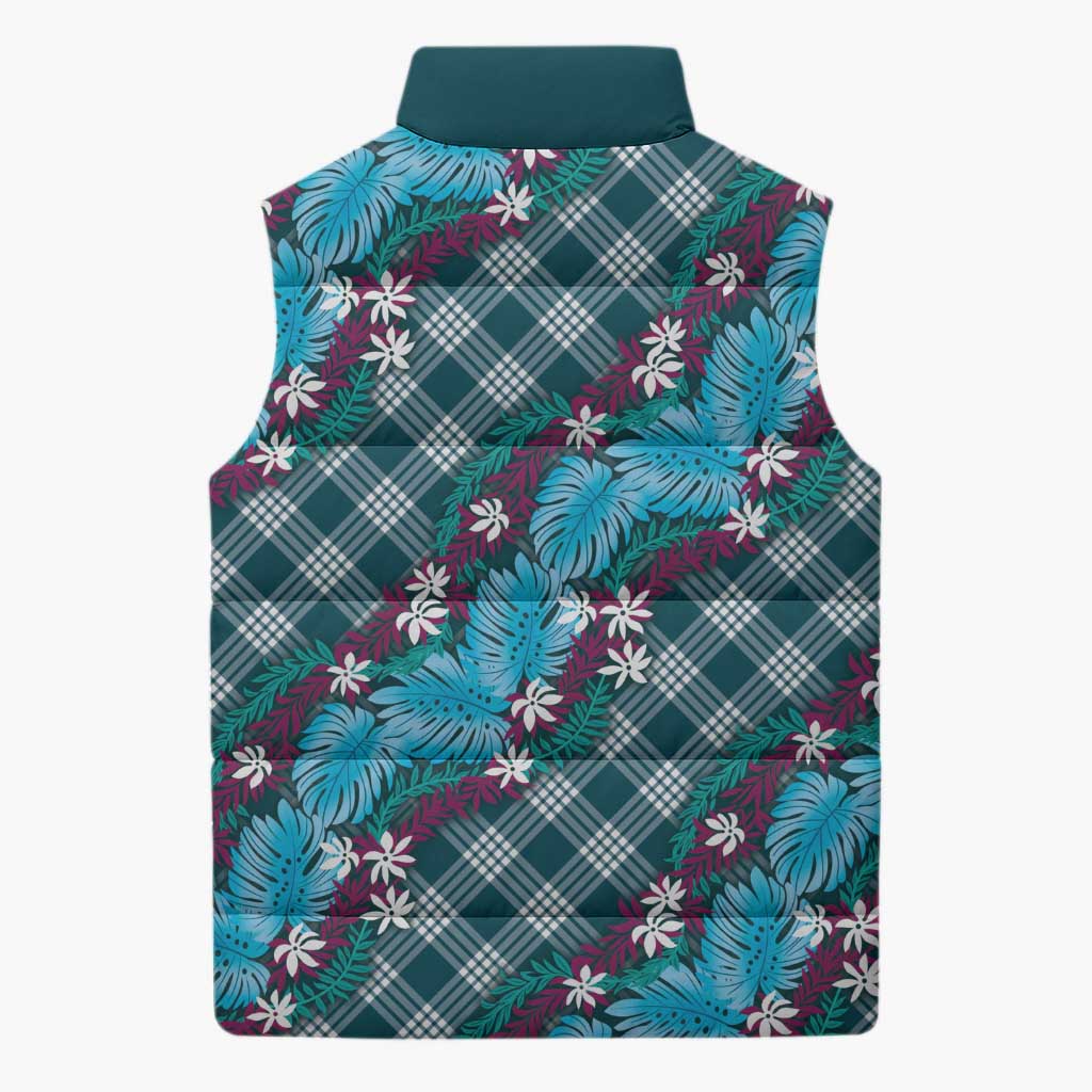 Polynesian Monstera Tiare Floral Sleeveless Puffer Jacket Dark Teal Tropical Plaid LT01 - Polynesian Pride