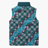 Polynesian Monstera Tiare Floral Sleeveless Puffer Jacket Dark Teal Tropical Plaid LT01 - Polynesian Pride