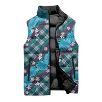 Polynesian Monstera Tiare Floral Sleeveless Puffer Jacket Dark Teal Tropical Plaid LT01 - Polynesian Pride