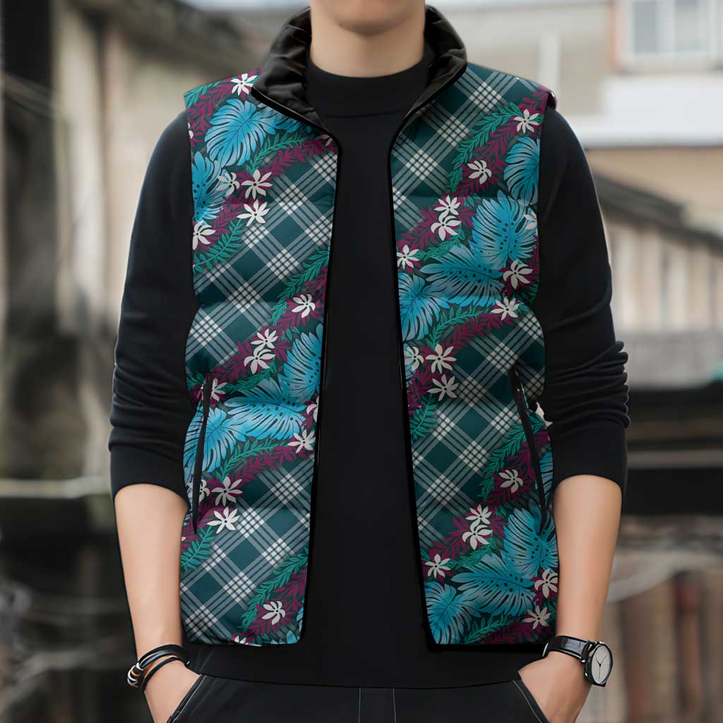 Polynesian Monstera Tiare Floral Sleeveless Puffer Jacket Dark Teal Tropical Plaid LT01 - Polynesian Pride