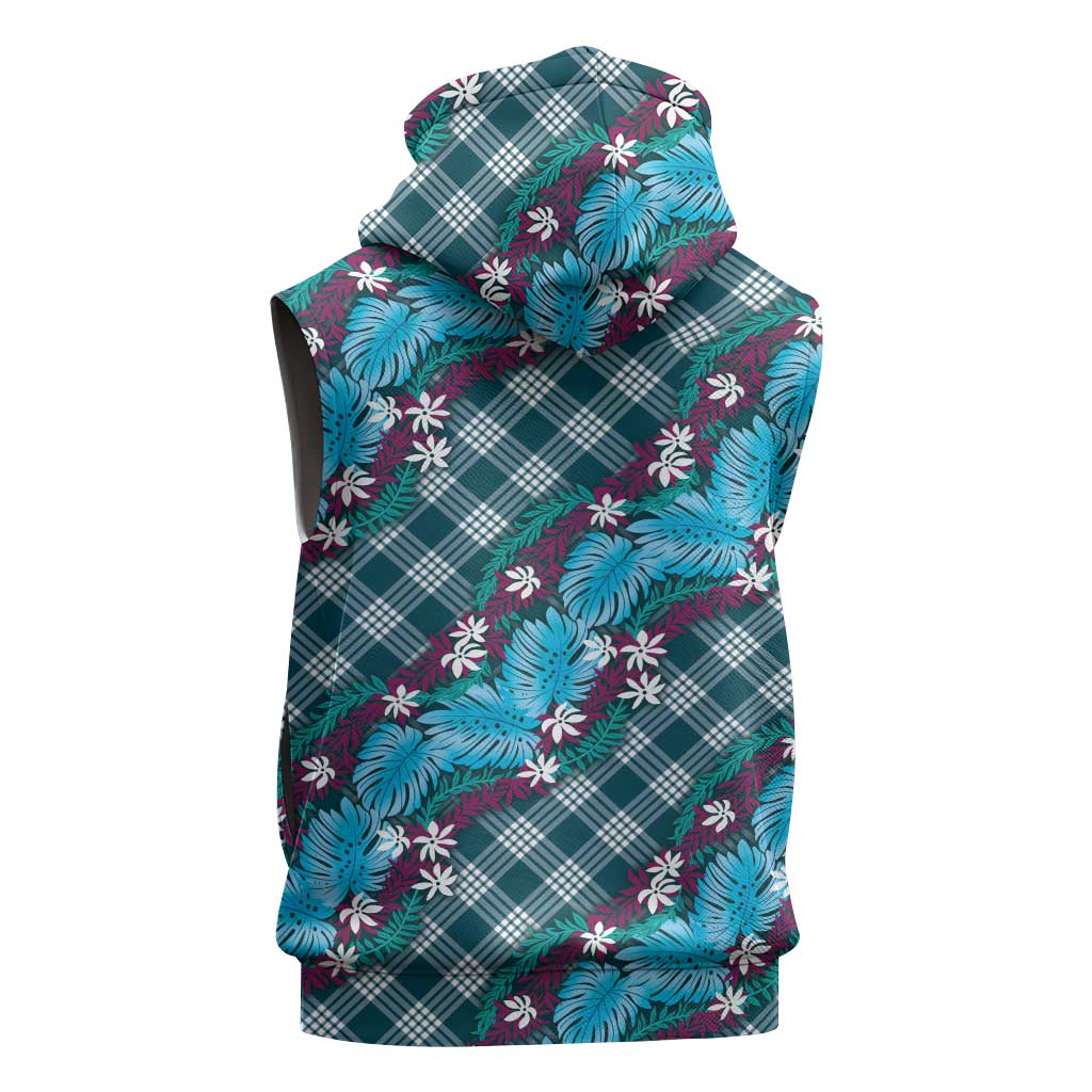 Polynesian Monstera Tiare Floral Sleeveless Zip Hoodie Dark Teal Tropical Plaid LT01 - Polynesian Pride