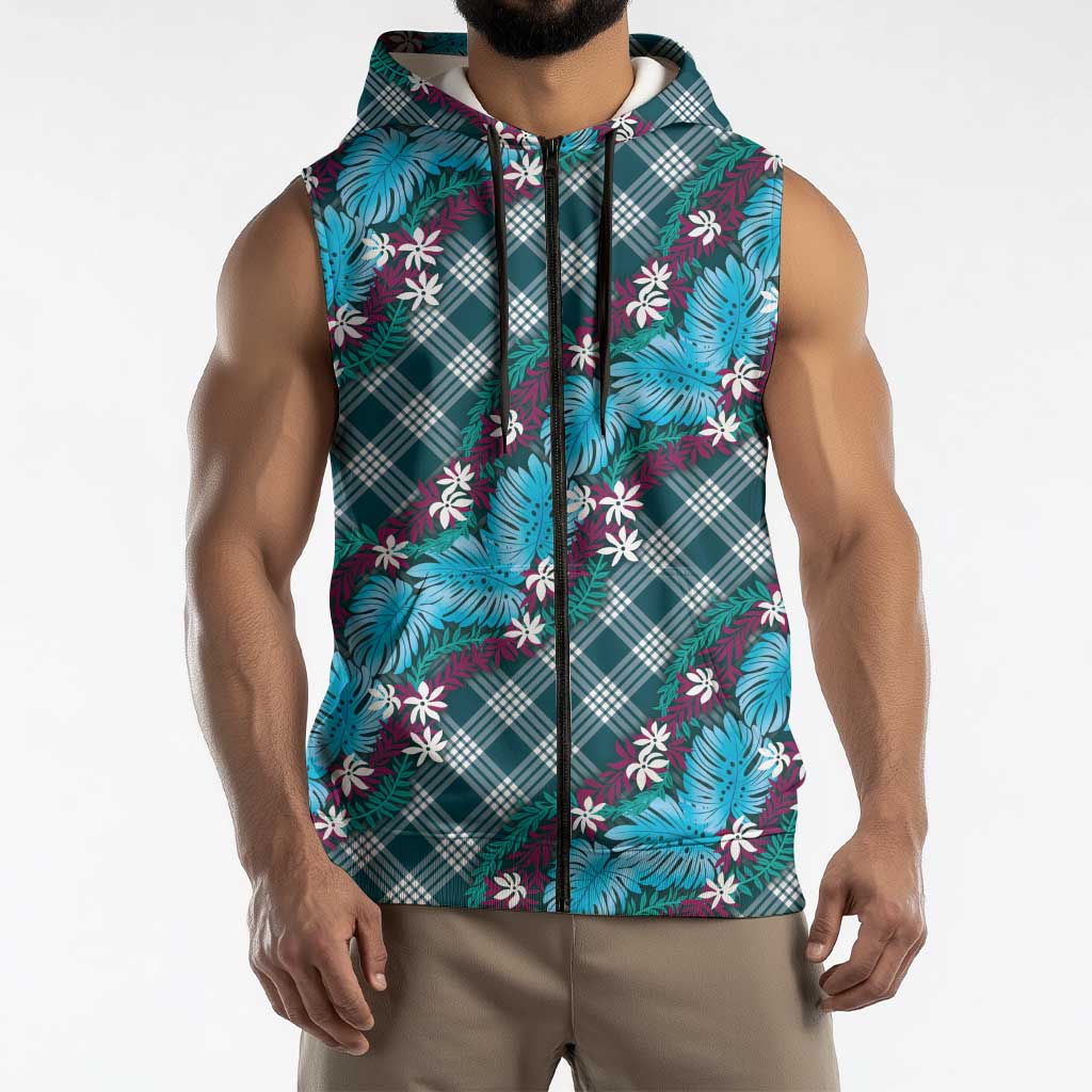 Polynesian Monstera Tiare Floral Sleeveless Zip Hoodie Dark Teal Tropical Plaid LT01 - Polynesian Pride