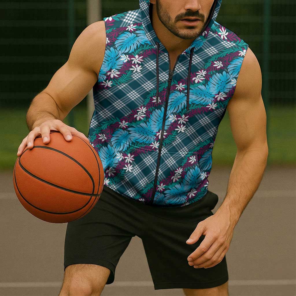 Polynesian Monstera Tiare Floral Sleeveless Zip Hoodie Dark Teal Tropical Plaid LT01 - Polynesian Pride