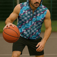 Polynesian Monstera Tiare Floral Sleeveless Zip Hoodie Dark Teal Tropical Plaid LT01 - Polynesian Pride