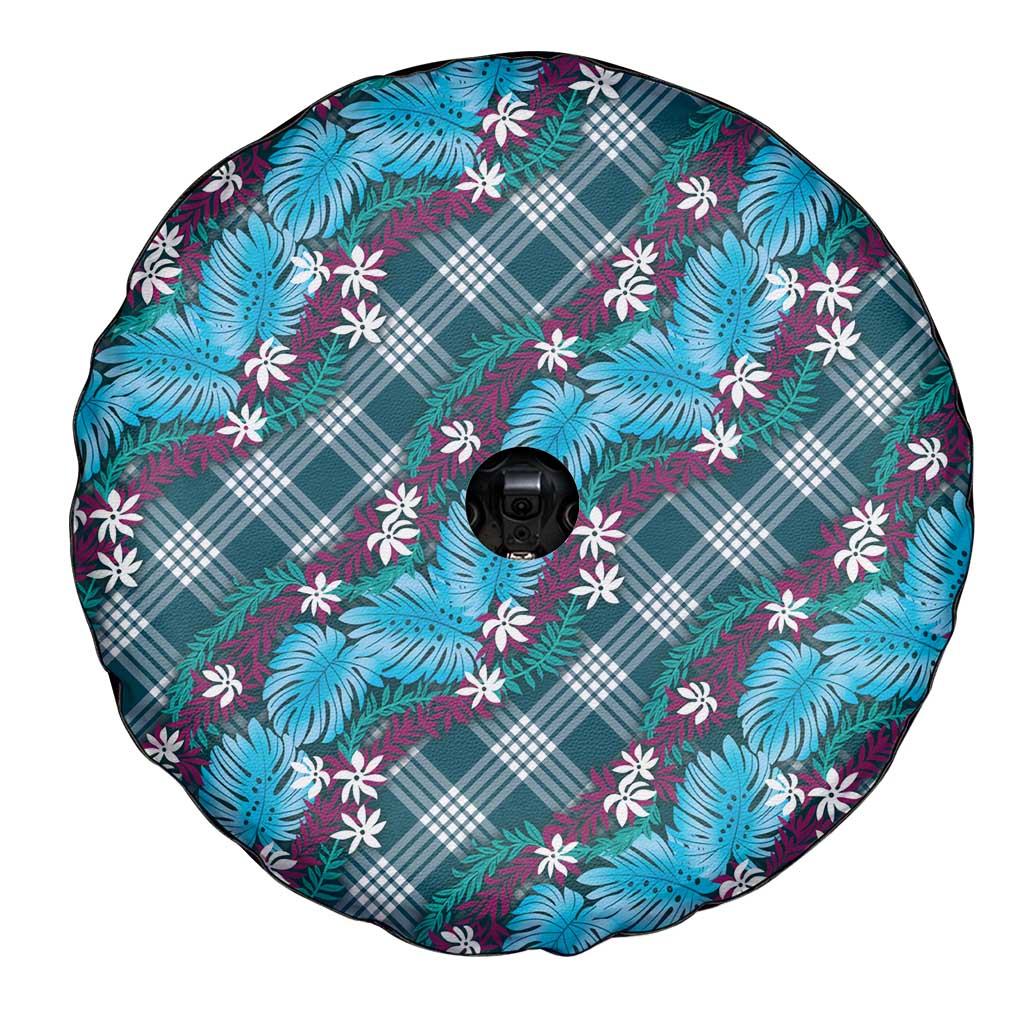 Polynesian Monstera Tiare Floral Spare Tire Cover Dark Teal Tropical Plaid - Polynesian Pride