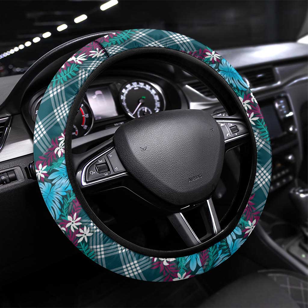 Polynesian Monstera Tiare Floral Steering Wheel Cover Dark Teal Tropical Plaid LT01 Universal Fit Teal - Polynesian Pride