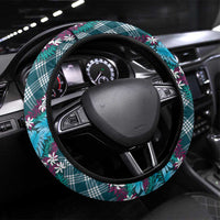 Polynesian Monstera Tiare Floral Steering Wheel Cover Dark Teal Tropical Plaid LT01 Universal Fit Teal - Polynesian Pride