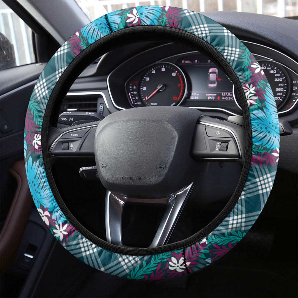 Polynesian Monstera Tiare Floral Steering Wheel Cover Dark Teal Tropical Plaid LT01 - Polynesian Pride