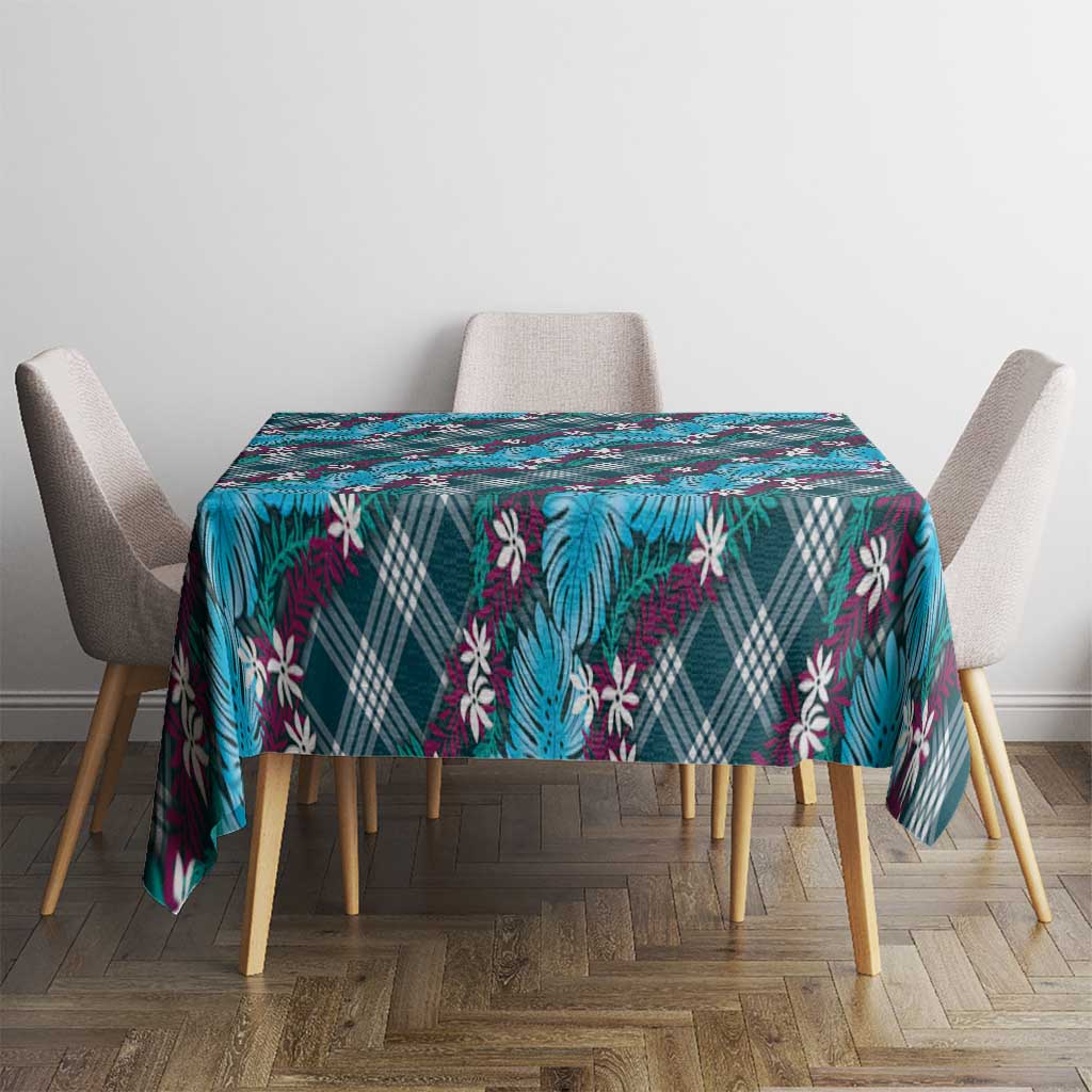 Polynesian Monstera Tiare Floral Tablecloth Dark Teal Tropical Plaid LT01 - Polynesian Pride