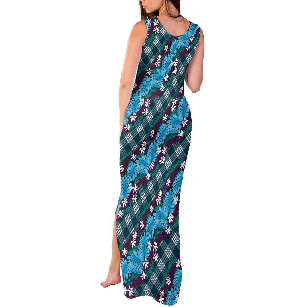 Polynesian Monstera Tiare Floral Tank Maxi Dress Dark Teal Tropical Plaid LT01 - Polynesian Pride