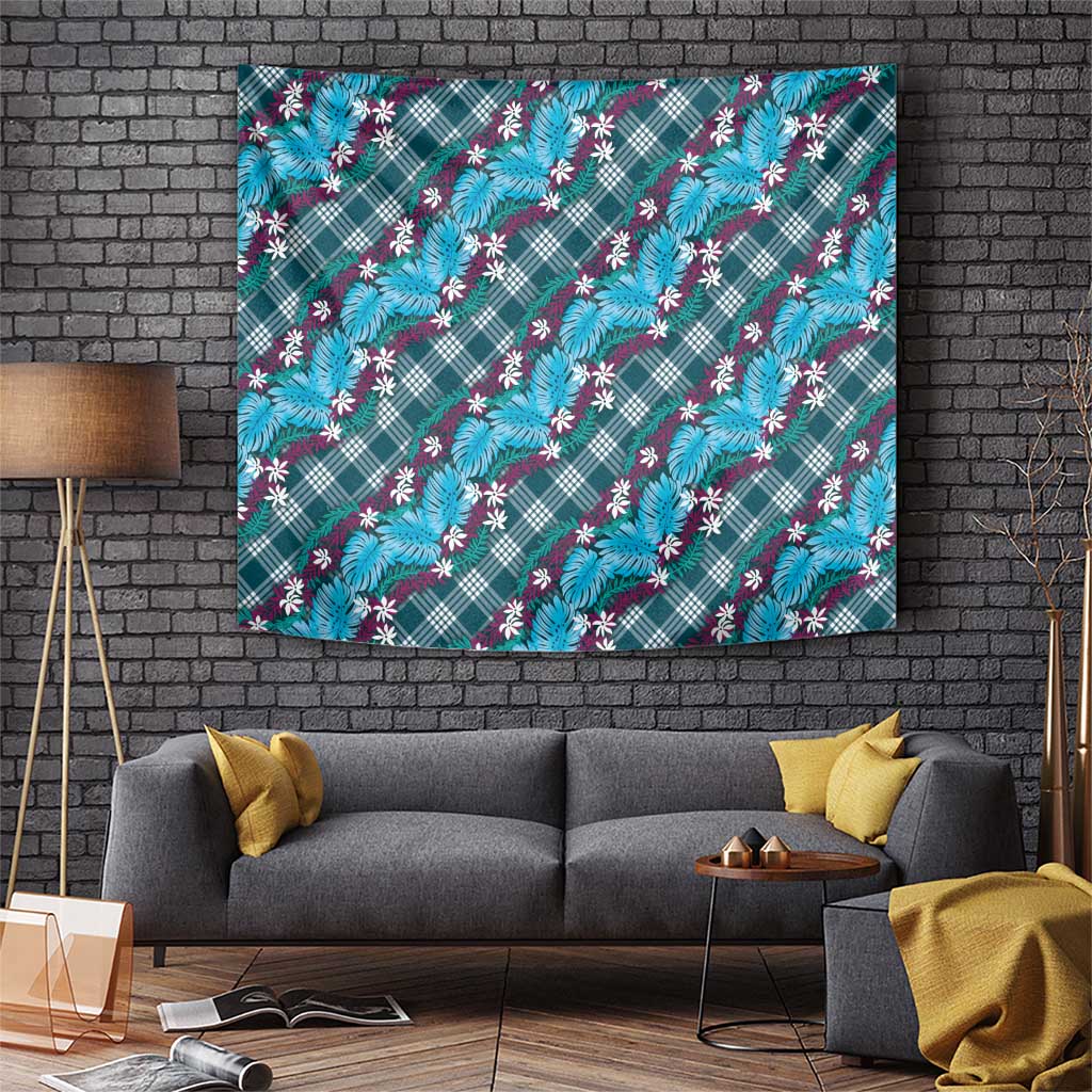 Polynesian Monstera Tiare Floral Tapestry Dark Teal Tropical Plaid - Polynesian Pride