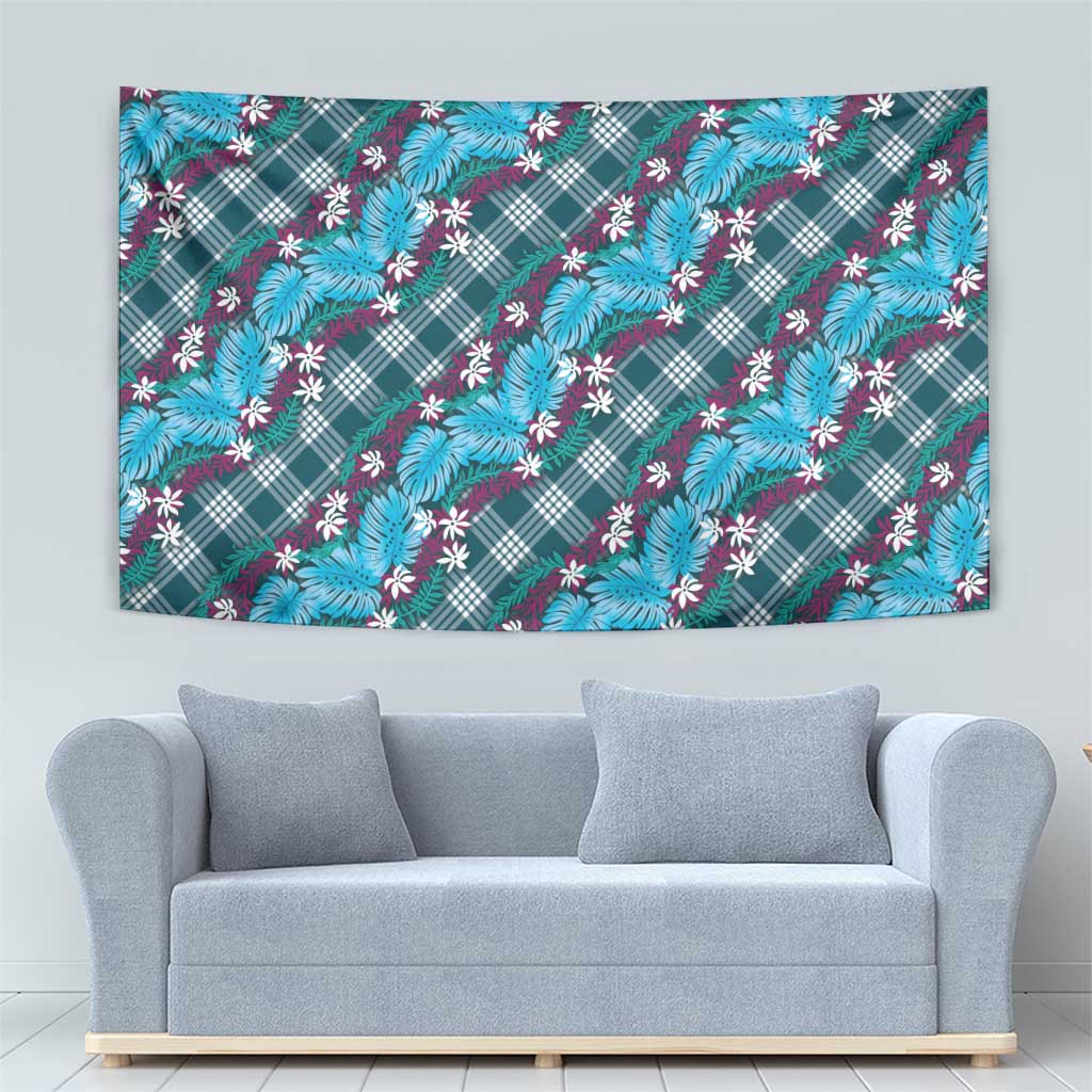 Polynesian Monstera Tiare Floral Tapestry Dark Teal Tropical Plaid - Polynesian Pride