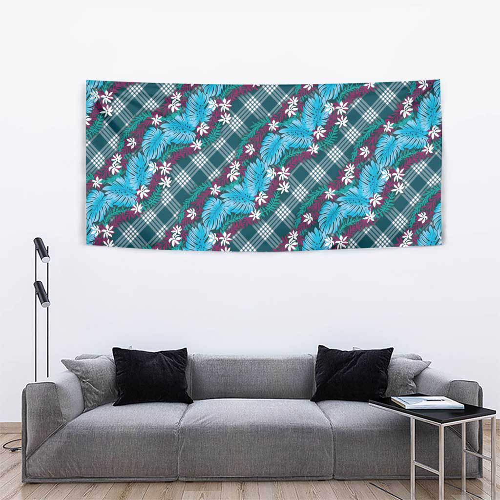 Polynesian Monstera Tiare Floral Tapestry Dark Teal Tropical Plaid - Polynesian Pride