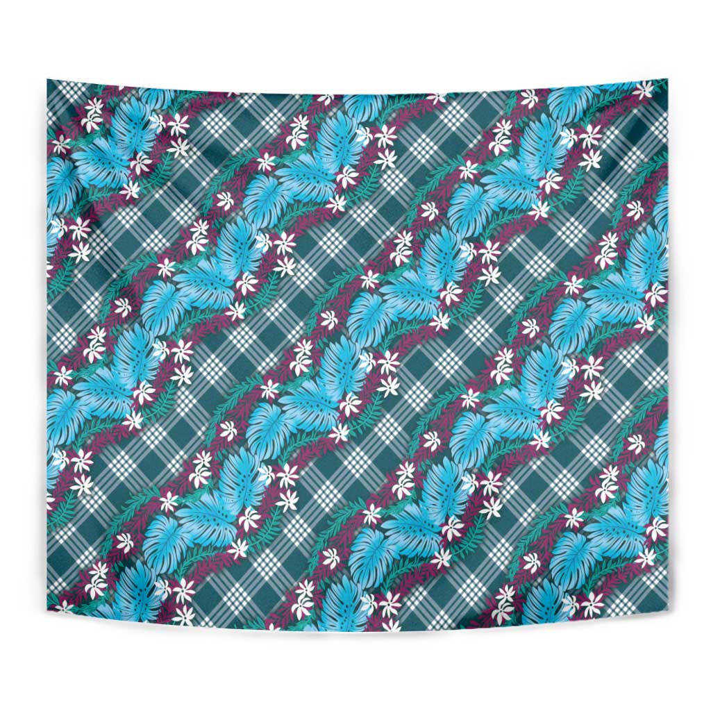 Polynesian Monstera Tiare Floral Tapestry Dark Teal Tropical Plaid - Polynesian Pride