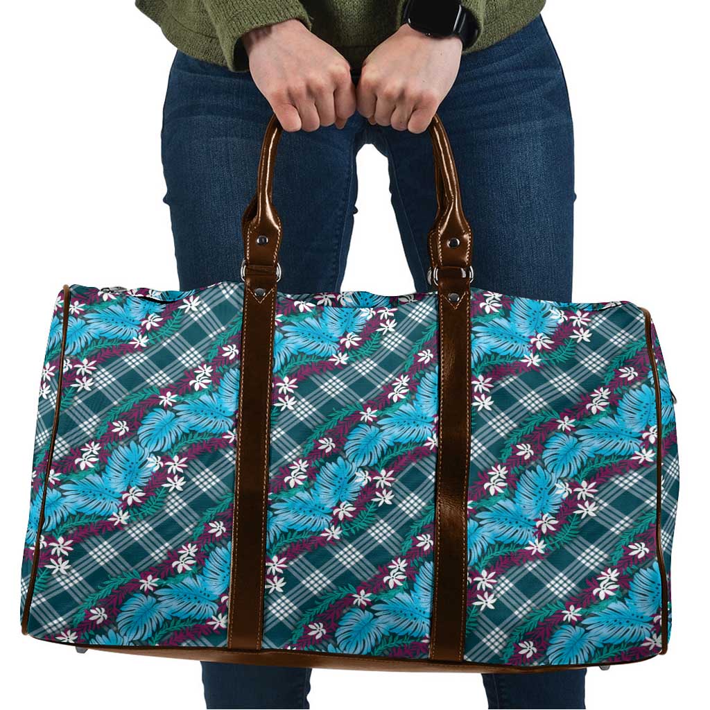 Polynesian Monstera Tiare Floral Travel Bag Dark Teal Tropical Plaid - Polynesian Pride