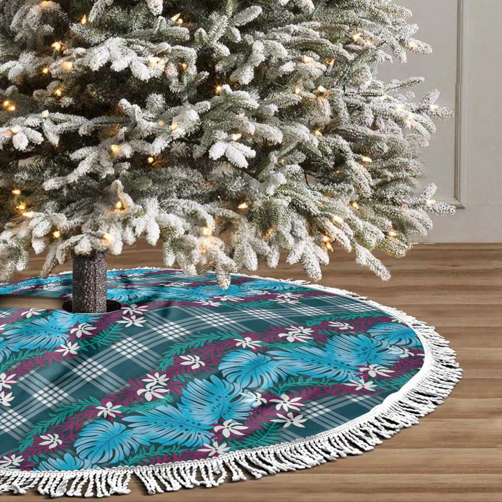 Polynesian Monstera Tiare Floral Tree Skirt Dark Teal Tropical Plaid LT01 - Polynesian Pride