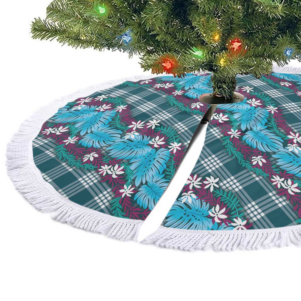 Polynesian Monstera Tiare Floral Tree Skirt Dark Teal Tropical Plaid LT01 - Polynesian Pride