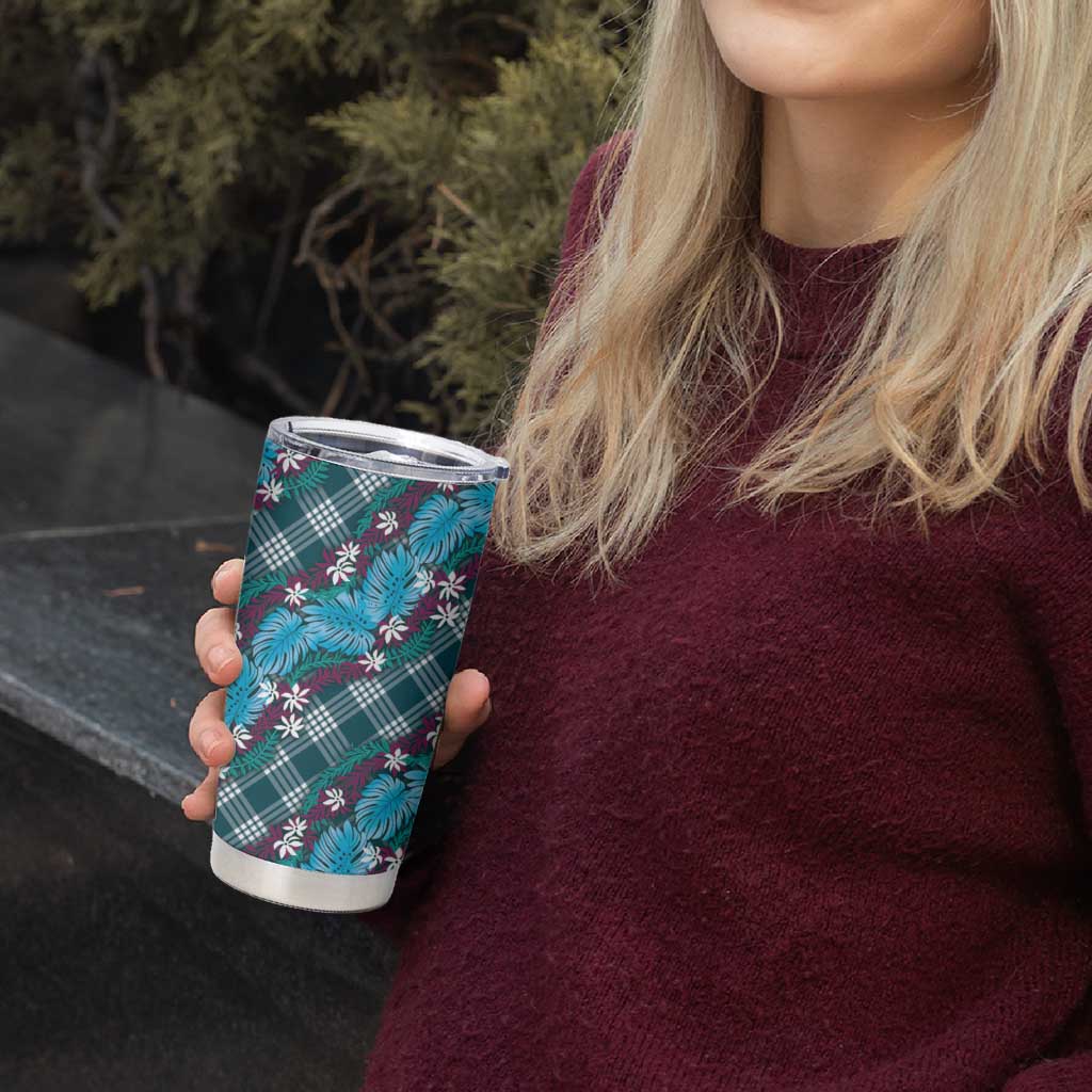 Polynesian Monstera Tiare Floral Tumbler Cup Dark Teal Tropical Plaid LT01 - Polynesian Pride