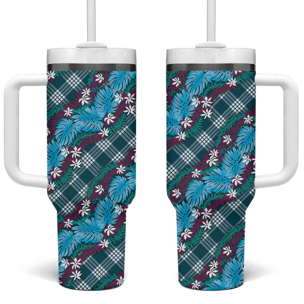 Polynesian Monstera Tiare Floral Tumbler With Handle Dark Teal Tropical Plaid - Polynesian Pride