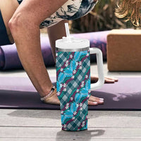 Polynesian Monstera Tiare Floral Tumbler With Handle Dark Teal Tropical Plaid - Polynesian Pride