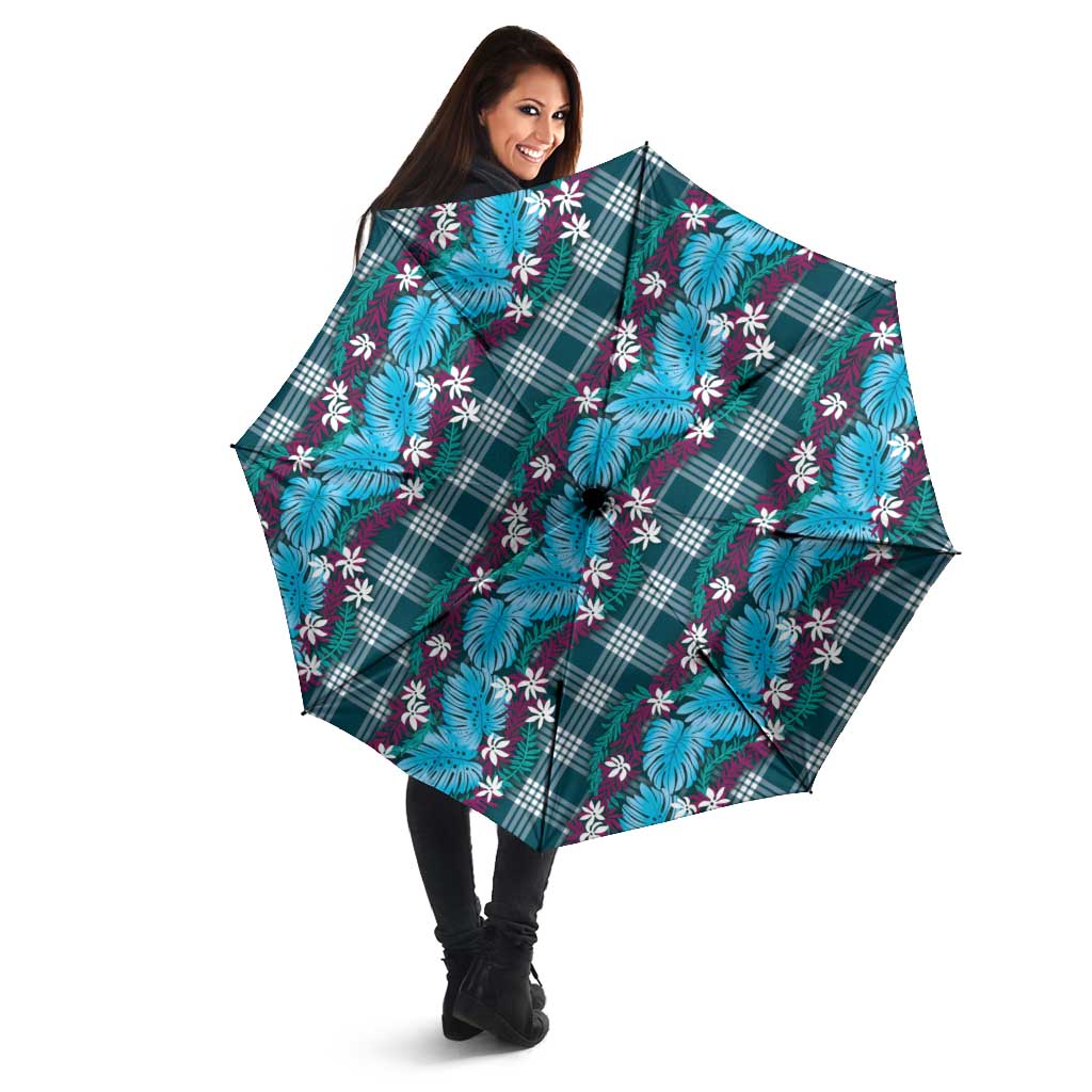 Polynesian Monstera Tiare Floral Umbrella Dark Teal Tropical Plaid LT01 - Polynesian Pride
