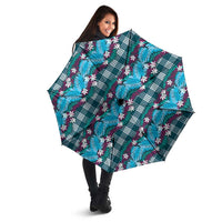 Polynesian Monstera Tiare Floral Umbrella Dark Teal Tropical Plaid LT01 - Polynesian Pride